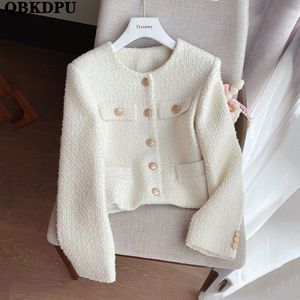 Jackets femininos clássicos coreanos colheitas de tweed jackets mulheres elegantes luxuosas curtas curtas roupas de peito solteiro vintage choquetas primavera lã mistura de casacos 230822