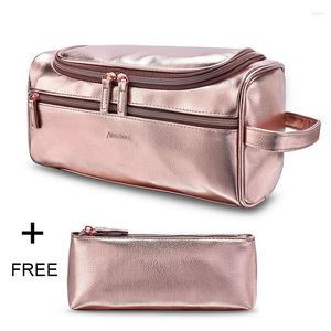 Storage Bags Double Layer PU Leather Handbag Rose Gold Women Travel Case Large Capacity Waterproof Cosmetic Bag Men Toiletry Pouch Wholesale