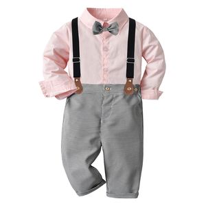 Clothing Sets Children Solid Outfits for Boys Pink Lapel Single Breasted Shirt with Grey Pants Kids Spring Autumn Birthday Wear 1 2 3 4 5 6 7Y 230823