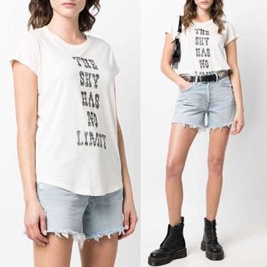 23SS Zadig VoltaireデザイナーTシャツ女性用Tシャツ夏の新しいフレンチスタイルZV英語レターフローラルプリントコットンホワイトスリム女性の半袖Tシャツ