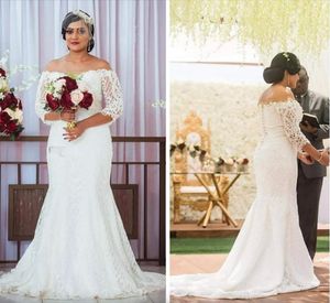 Afrikanische Plus -Größe Brautkleider von den Schulterspitzen Applikationen Sweep Zug Dubai Arabische Meerjungfrau Hochzeitskleid Langarm Brautkleider