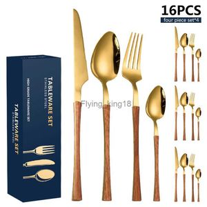 Small Waist Shape 16PCS Of Wood Grain Square Handle Tableware Set Gold Silver Dinnerware Knife Dessert Fork Spoon Cutlery Set HKD230812