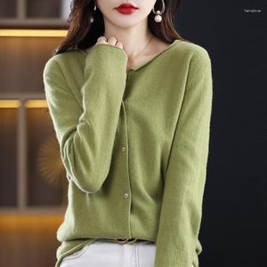 Malhas femininas mola mola fina cardigã puro cardigã de suéter redondo de pescoço é fino e versátil malha de malha de fundo
