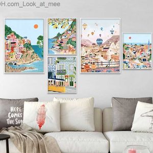 Modern Famous City Tourism Wall Art Poster Cartoon Turkey Italy Portuguese Landscape Canvas Painting Living Room Home Decoration Q230823