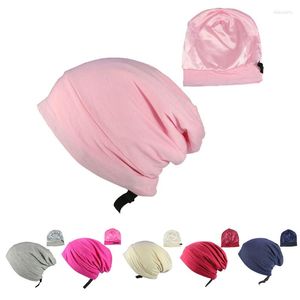 Basker satin fodrad sömnhårskydd på motorhuven justerbar elastisk silkeslen slouchy skalle beanie fast färg natt sovande hatt turban