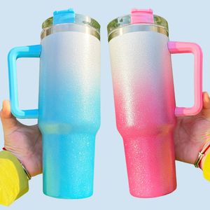 USA Warehouse 40oz bästa värde gåvor Rainbow dubbel vägg rostfritt stål sublimering holografisk utomhussport grov pulver glitter termos tumbler kaffe mugg