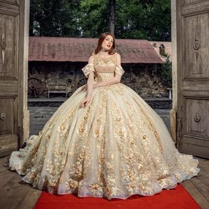 Szampan quinceanera sukienka o nokół bez rękawów Słodka 16-letnia suknia urodzinowa Suknia księżniczka Długa Puffy Spódnica Formalne vestidos de 15