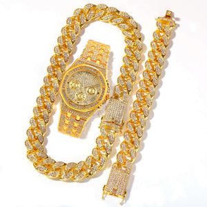 Altri orologi Set Necklace Orologio Bracciale Hip Hop Miami Cuban Chain Big Gold Color Gold Out Out S Bling Men Jewelry 230822