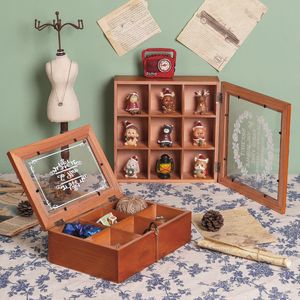 Other Toys Retro With Lid Wooden Box Hand made Jewelry Display Cabinet Groceries Dust proof Organizer Cosmetics Compartment Tray 230823