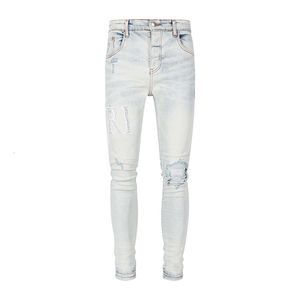 Men s Jeans High Street Fashion Men Retro Light Blue Stretch Skinny Fit Ripped Beading Patched Designer Hip Hop Brand Pants 230823