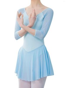 Stage Wear Womens Ballet Dance Dress Training Costume V Neck 3/4 Sleeve Skirted Leotard See-Through Mesh Patchwork Backless