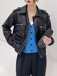 Женская кожаная осенняя женщина винтажная кармана Pu Faux Короткая куртка уличная одежда Женская молния ретро -эластичный шик