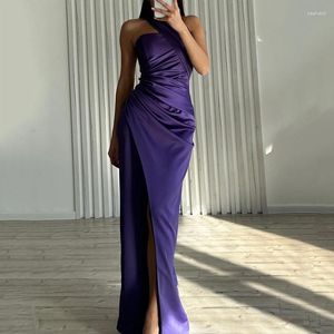 Casual Dresses Ellafads Women Maxi Dress Summer Elegant Solid One Shoulder Sleeveless Irregular Pleated Slit Nipped Waist Slim Evening