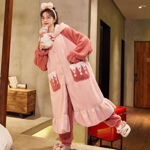 Women's Sleepwear Fashion Autumn Winter Plush Pajamas Set Hooded Single Breasted Gown Pants 2Pcs Cute Thick Outerwear Warm Home Outfit