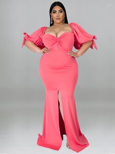 Plus Size Dresses Long Pink V Neck Short Puff Sleeve High Waist Bodycon Evening Cocktail Event Occasion Outfits 4XL Women Gowns
