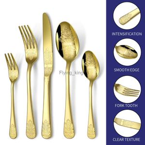 Western Tableware 5-piece Set Stainless Steel Creative Retro Relief Gold Steak Knife Fork and Spoon Hotel Household Tableware HKD230812