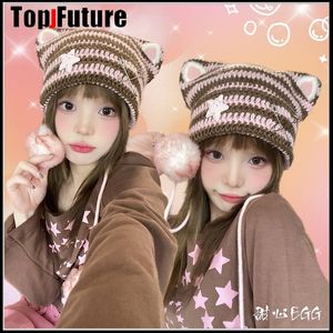 Beanie/Kafatası Kapakları Harajuku Gotik lolita Japon Beanie Şapka Kedi Kulak Çizilmiş Örgü Sonbahar Kış Sevimli Kedi Kulakları Y2K Kız Kadın Şapkaları 230822