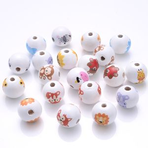 Teethers Toys 10Pcs White Round Wooden Beads 15mm Cartoon Animal Teether Wood DIY Teething Pacifier Chain Necklace Making Accessories 230822