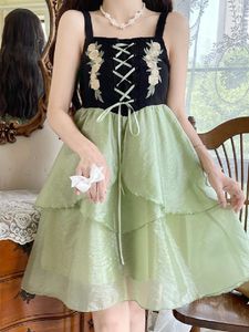 Casual Dresses Japanese Patchwork Lolita Dress Women Summer Suspenders Spaghetti Strap Floral Bandage Sleeveless Cute Tulle Party