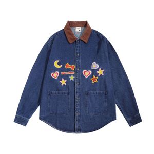 Harajuku mavi kot pantolon hip hop nakış yıldız ay kalp uzun kollu denim gömlek sokak kıyafetleri 2023 moda gevşek bluzlar ceket