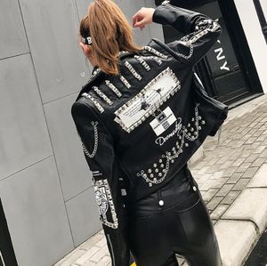 Womens Leather Faux 3D Graffiti Soft PU Leather Jackets Female Cartoon Jacket Rivet Pekad Punk Rock Croped Ytterkläder F2217 230822