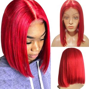 %220 Yoğunluk Kırmızı Kısa Bob 13*1 Dantel Ön İnsan Saç Perukları Kadınlar İçin Brezilya Şeffaf İnsan Saç Peruk Düz Renkli Remy Saç