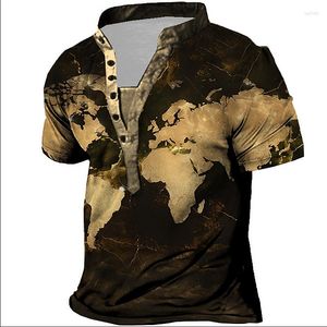 Herren -T -Shirts Henley Shirt Muster Karte Standing Kragen Kleidung 3D Druck im Freien täglich kurzärmelig gedrucktes Mode Top