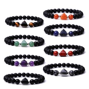 Black Matted Natural Stone Tiger Eye Amethyst Pyramid Elasticity Bracelet For Women Men Jewelry