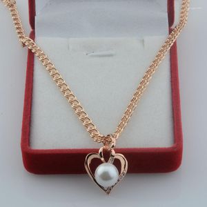 Pendanthalsband FJ Women Girls 585 Rose Gold Color Heart Simulated Pearl Crystal Necklace Jewelry