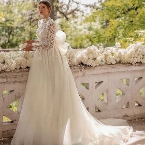 Suknia ślubna księżniczki dla kobiet 2023 Organza Suknia ślubna Elegancka długie rękawy koronkowe aplikacje Up Bow Belt Vestidos de novia