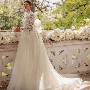 Princess Wedding Dress For Women 2023 Organza Bridal Gown Elegant Long Sleeves Lace Applique Up Bow Belt Vestidos De Novia