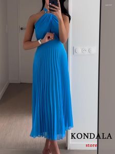 Casual Dresses KONDALA Sexy Chic Blue Women Dress Solid Hollow Out Backless Fold Halter Long Party Fashion 2023 Summer Vestidos