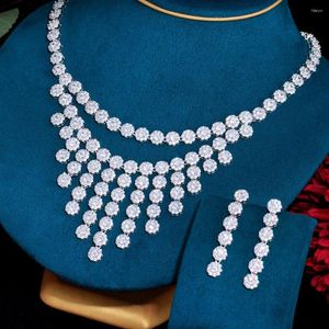 Necklace Earrings Set BeaQueen Shiny Genuine Cubic Zirconia Wedding Jewelry Women Heavy Work Round CZ Crystal Drop Tassel JS398