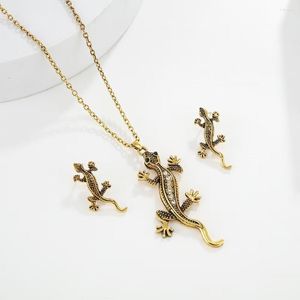 Brincos de colar Conjunto 2023 Moda Vintage Liga de Gecko Lizard Animal Pingente para mulheres Presente de jóias de tendência de personalidade