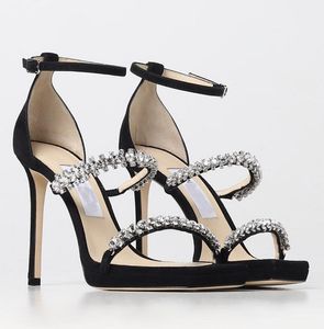 Famous Brand Bing Strass Sandals Shoes Ankle-Strap Crystal-embellished Satin Black Sliver White Lady Gladiator Sandalias Party Dress High Heels