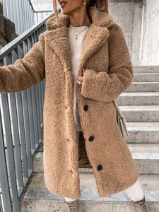 Womens Fur Faux Long Sleeve Label Single Breadged Coat Winter Solid Color Women Plush Ladies Casual Lose Coats 230822