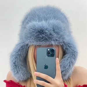 Beanie/Skull Caps Blue Imitation Marten Fur Bomber Hats för kvinnor Plush Fluffy Windproof and Cold Proof Warm Ear Protection Hat Winter Beanies Hat 230822