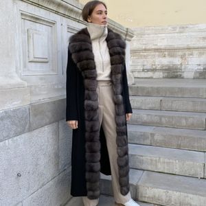Womens Wool Blend Natural Fur Luxury Designer Coat Cashmere Long 230822