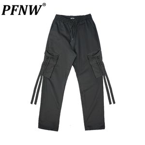 Men s Tracksuits PFNW Autumn Ribbon Overalls Fashion Chic Workwear Straight Tactical Trousers Casual Pants China Chic Darkwear 12Z1895 230823