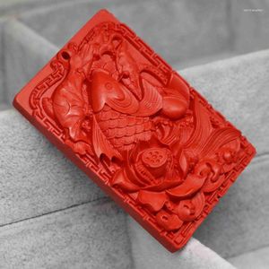Pendant Necklaces Bohemia Style Taiwan Red Cinnabar Rectangle Carving Fishes Flower Vintage Blessing Accessories Jewelry 40 58mm B1532