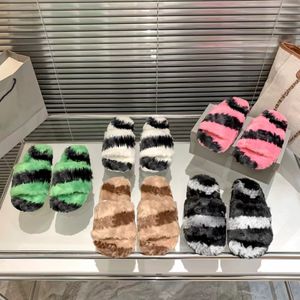 Furry Slide Allover Logo Loafers Paris Women's Casual Tisters Letter Platform Flat Mule Warm Fur Chaussures Fuzzy Scarpe Fabric Dopamine Color Matching