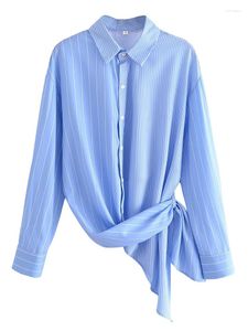 Bloups feminina Yenkye Mulheres de retalhos contraste a camisa listrada azul Blusa vintage de manga longa camisa feminina de moda de moda assimétrica