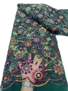 KY-6056スパンコール付きビーズ刺繍レース生地2023高品質の縫製チュール5ヤード女性結婚式のパーティーレディースイブニングガウンナイジェリア