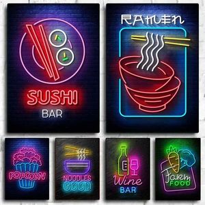 Płótno malowanie neonowym znakiem żywności makaron ramen popcorn sushi alkohol kolorowy plakat druk sztuka ścienna do kuchennego baru jadalnia wystrój domu bez ramy WO6