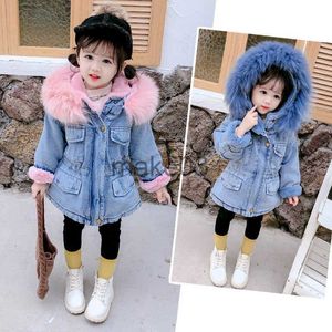 Down Coat Winter Girls denim ceket çocukları pamuklu kapüşonlu rüzgarlık çocuklar artı kalın kadife sıcak kapüşonlu kürk yaka parkas dış giyim j230823