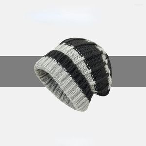 Berets Korean Version Matching Large Stripe Wool Beanie Hat Women Autumn Winter Big Head Circumference Lazy Warm Ear Knitted Men