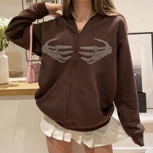 Women's Hoodies Vintage Diamonds Hands Skeleton Print Sweatshirts Autumn Winter Zip Up Harajuku Loose Hooded Women Casual Outwear Jackets