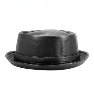 Chapéus de aba larga Moda de moda de balde Black Leather Trilby Hat masculino Fedora Cap Retro Mulheres Autumn Brand Porkpie Caps Mens Vintage Jazz 230822