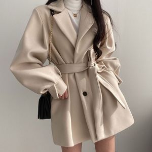 Womens Wool Blends Single Basted Trench Coat Woolen Turndown Collar Collar Corean Fashion Lady Chegadas Autumn Inverno 230822