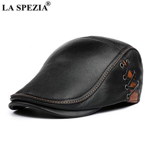 Berets LA SPEZIA Flat Cap for Men Autumn Winter Real Leather Male Beret Patchwork High Quality Black Brown British Style Men's Ivy 230822